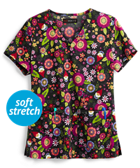 koi Basics Leslie Garden Gnomes Women's 2-Pocket V-Neck Print Scrub Top
