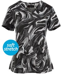 koi Basics Leslie Platinum Grey All Over Marble Women's 2-Pocket V-Neck Print Scrub Top 