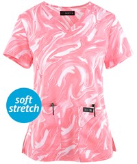 koi Basics Leslie Soft Pink All Over Marble Women's 2-Pocket V-Neck Print Scrub Top