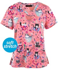 koi Basics Teacup Kitty Women's 2-pocket STRETCH V-Neck Print Scrub Top