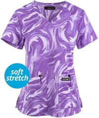 koi Basics Leslie Wisteria All Over Marble Women's 2-Pocket V-Neck Print Scrub Top