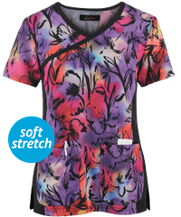 koi Lite™ Raquel Colorful Petals Women's 2-Pocket Mock Wrap STRETCH Print Scrub Top