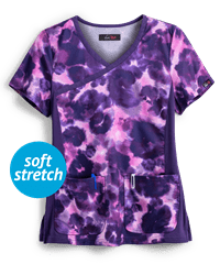 koi Lite™ Raquel Cheetah Tie Dye Women's 2-Pocket Mock Wrap STRETCH Print Scrub Top