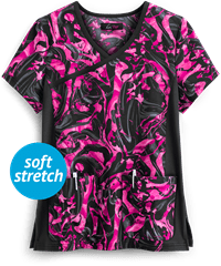 koi Lite™ Inkblot Pinks Women's 2-Pocket Mock Wrap STRETCH Print Scrub Top