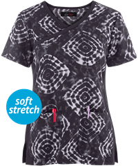 koi Lite™ Raquel Tribal Tie Dye Women's 2-Pocket Mock Wrap STRETCH Print Scrub Top