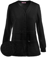Style # K440: BLACKkoi Claire Women's 2-Pocket Floral Jacquard Scrub Cardigan