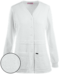 Style # K440: WHITEkoi Claire Women's 2-Pocket Floral Jacquard Scrub Cardigan