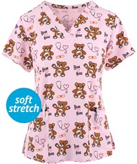 Maevn Boo Boo Bear Women's 3-Pocket STRETCH V-Neck Print Scrub Top