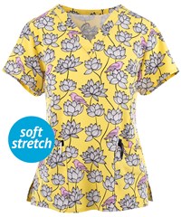 Maevn Birds in Bloom Women's 3-Pocket STRETCH V-Neck Print Scrub Top
