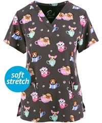 Maevn Cup O’ Pup Women's 3-Pocket STRETCH V-Neck Print Scrub Top