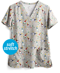 Maevn Do You Gnomie? Women's 3-Pocket V-Neck Print Scrub Top