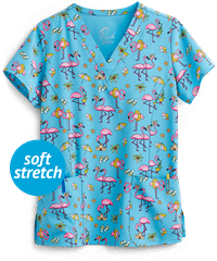 Maevn Flamingo Beach Beauties Women's 3-Pocket V-Neck Print Scrub Top