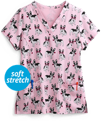 Maevn Fabulous Frenchie Women's 3-Pocket V-Neck Print Scrub Top