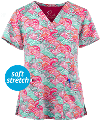 Maevn Forever Seashells Women's 3-Pocket V-Neck Print Scrub Top