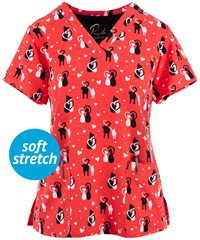 Maevn Furever Friends Women's 3-Pocket STRETCH V-Neck Print Scrub Top