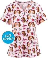 Maevn Hedgehog Honey Women's 3-Pocket STRETCH V-Neck Print Scrub Top