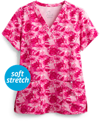 Maevn Peony Pink Women's 3-Pocket V-Neck Print Scrub Top