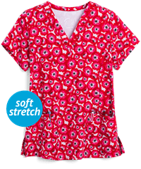 Maevn Pretty Poppies Women's 3-Pocket V-Neck Print Scrub Top 