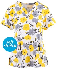 Maevn Sunshine Blossoms Women's 3-Pocket STRETCH V-Neck Print Scrub Top