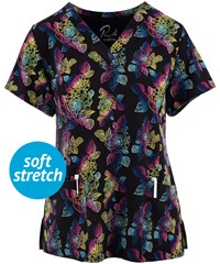 Maevn Electric Bouquet Women's 3-Pocket STRETCH V-Neck Print Scrub Top