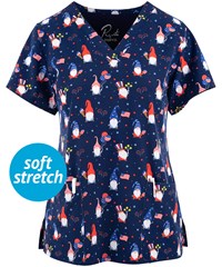 Maevn Gnome of the Free Women's 3-Pocket STRETCH V-Neck Print Scrub Top