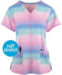 Maevn Pastel Prism Women's 3-Pocket STRETCH V-Neck Print Scrub Top