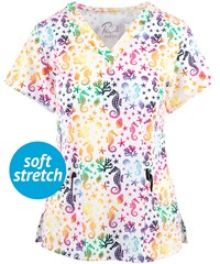 Maevn Rainbow Horsea Women's 3-Pocket STRETCH V-Neck Print Scrub Top