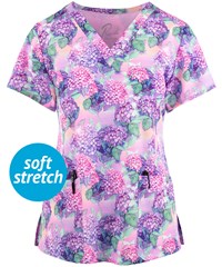 Maevn Sweet Hydrangeas Women's 3-Pocket STRETCH V-Neck Print Scrub Top