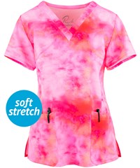 Maevn Tie Dye Sunrise Women's 3-Pocket STRETCH V-Neck Print Scrub Top