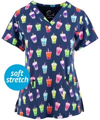 Maevn Refreshing Cute-teas Women's 3-Pocket STRETCH V-Neck Print Scrub Top