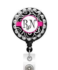 Nina's Lil Bowtique RN Black Swirls Jewel ID Badge Holder
