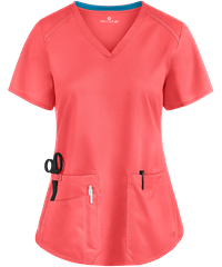 Med Couture Touch Women's 3-Pocket STRETCH Rib-Knit Side Panels Shirttail V-Neck Scrub Top