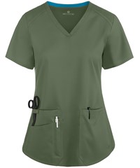 Style # P7459: OLIVEMed Couture Touch Women's 3-Pocket STRETCH Rib-Knit Side Panels Shirttail V-Neck Scrub Top
