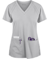 Style # P8470: CLOUDMed Couture Peaches Women's 3-Pocket STRETCH Raglan Sleeve Rib-Knit Side Panels V-Neck Scrub Top