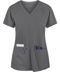 Style # P8470: PEWTEMed Couture Peaches Women's 3-Pocket STRETCH Raglan Sleeve Rib-Knit Side Panels V-Neck Scrub Top