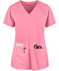 Style # P8470: TAFPIMed Couture Peaches Women's 3-Pocket STRETCH Raglan Sleeve Rib-Knit Side Panels V-Neck Scrub Top