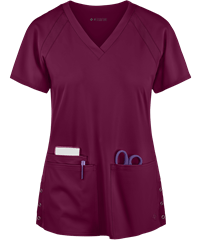 Style # P8470: WINEMed Couture Peaches Women's 3-Pocket STRETCH Raglan Sleeve Rib-Knit Side Panels V-Neck Scrub Top