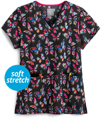 Med Couture Butterfly Party Women's 2-Pocket V-Neck Print Scrub Top