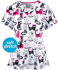 Med Couture Cat-Tastic Women's 2-Pocket STRETCH V-Neck Print Scrub Top