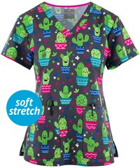 Med Couture Cactus Women's 2-Pocket STRETCH V-Neck Print Scrub Top