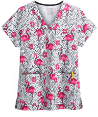 Med Couture Flamingo Flock Women's 2-Pocket V-Neck Print Scrub Top
