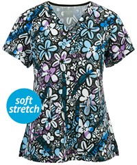 Med Couture Scribble Floral Women's 2-Pocket V-Neck Print Scrub Top