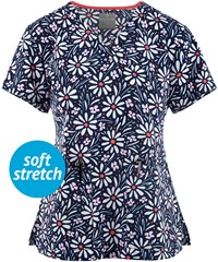 Med Couture Summer Daisy Women's 2-Pockert STRETCH V-Neck Print Scrub Top