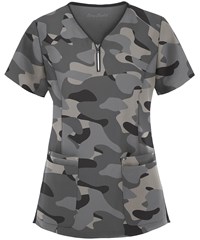 Easy STRETCH by Butter-Soft™ Cloud Camo Pewter Women's 4-Pocket Zipper Neck Print Scrub Top