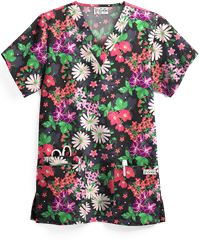 UA Garden Paradise Black Printed Women's 3-Pocket V-Neck Scrub Top