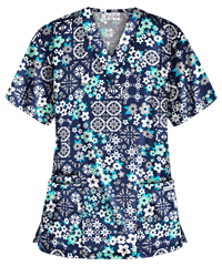 UA Best Buy Scrubs Mosaic Floral Navy Women's 3-Pocket V-Neck Print Top