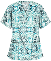 UA Best Buy Scrubs Cantik Ikat White Printed Women's 3-Pocket V-Neck Top