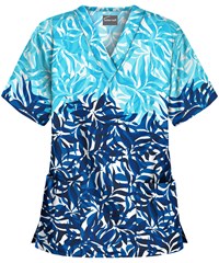 Butter-Soft Abstract Floral Turquoise Women's 2-Pocket V-Neck Print Scrub Top
