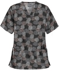 Butter-Soft Burst of Geo Black Turquoise Women's 2-Pocket V-Neck Print Scrub Top