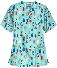 Butter-Soft Ice Cream Celebration Blue Women's 2-Pocket V-Neck Print Scrub Top